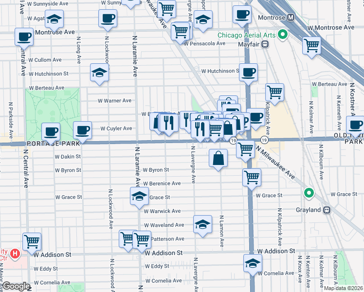 map of restaurants, bars, coffee shops, grocery stores, and more near 5018 Irving Park Road in Chicago
