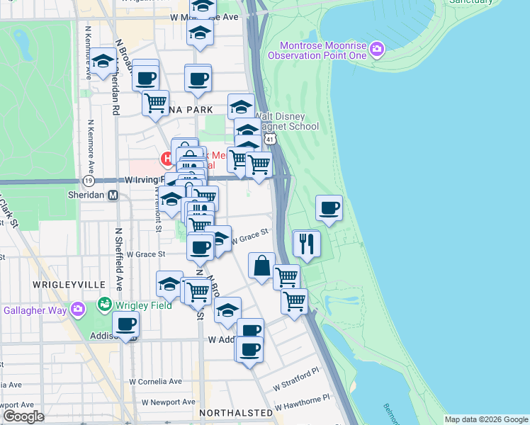 map of restaurants, bars, coffee shops, grocery stores, and more near 3900 North Lake Shore Drive in Chicago