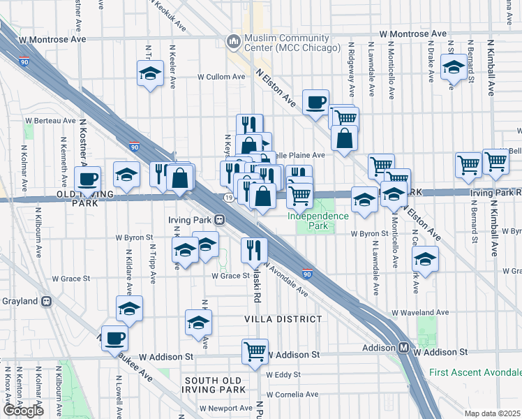 map of restaurants, bars, coffee shops, grocery stores, and more near 3965 Illinois 19 in Chicago
