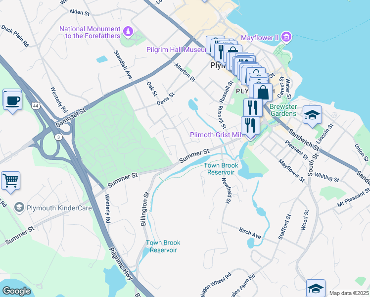 map of restaurants, bars, coffee shops, grocery stores, and more near 13 Oak Street in Plymouth