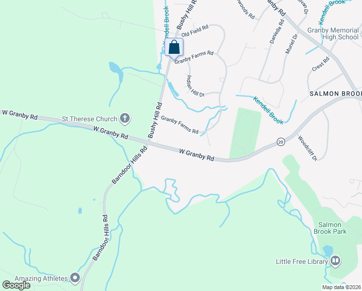 map of restaurants, bars, coffee shops, grocery stores, and more near 38 Granby Farms Road in Granby