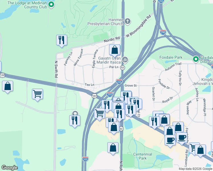 map of restaurants, bars, coffee shops, grocery stores, and more near 5N250 Lloyd Avenue in Itasca