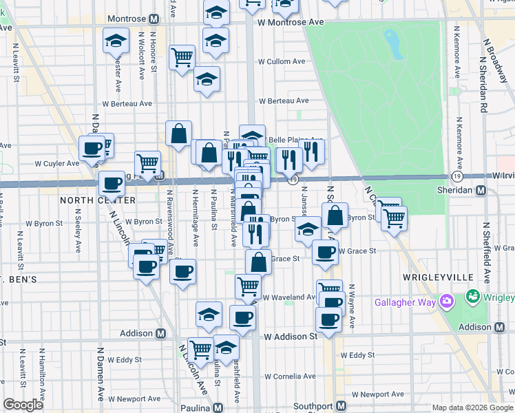 map of restaurants, bars, coffee shops, grocery stores, and more near 1515 West Irving Park Road in Chicago