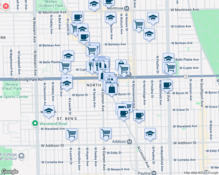 map of restaurants, bars, coffee shops, grocery stores, and more near 3925 North Lincoln Avenue in Chicago