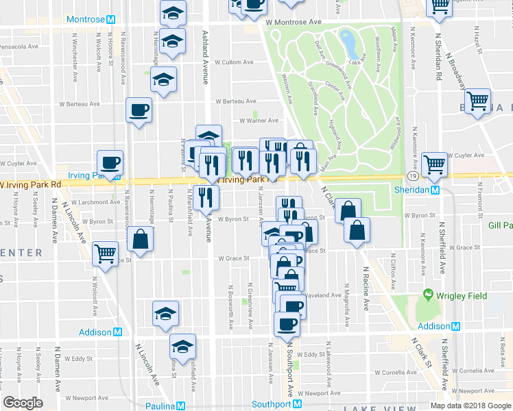 map of restaurants, bars, coffee shops, grocery stores, and more near 3934 North Janssen Avenue in Chicago