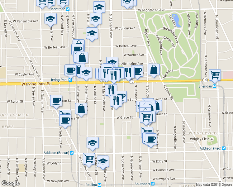 map of restaurants, bars, coffee shops, grocery stores, and more near 1515 West Irving Park Road in Chicago