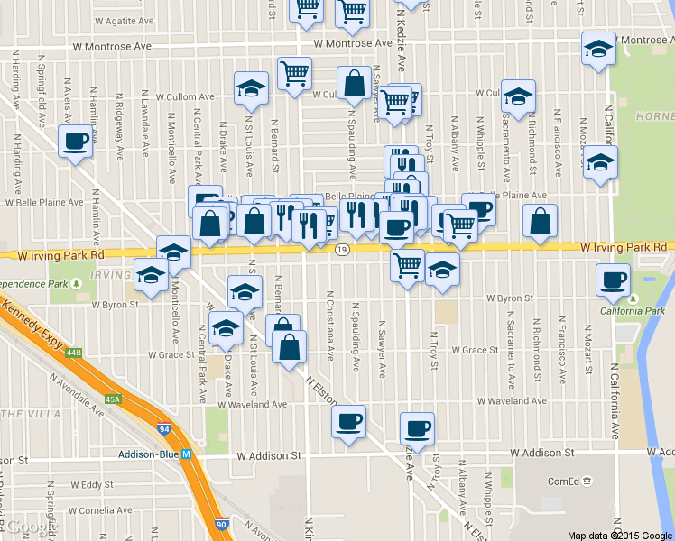 map of restaurants, bars, coffee shops, grocery stores, and more near 3309 Irving Park Road in Chicago
