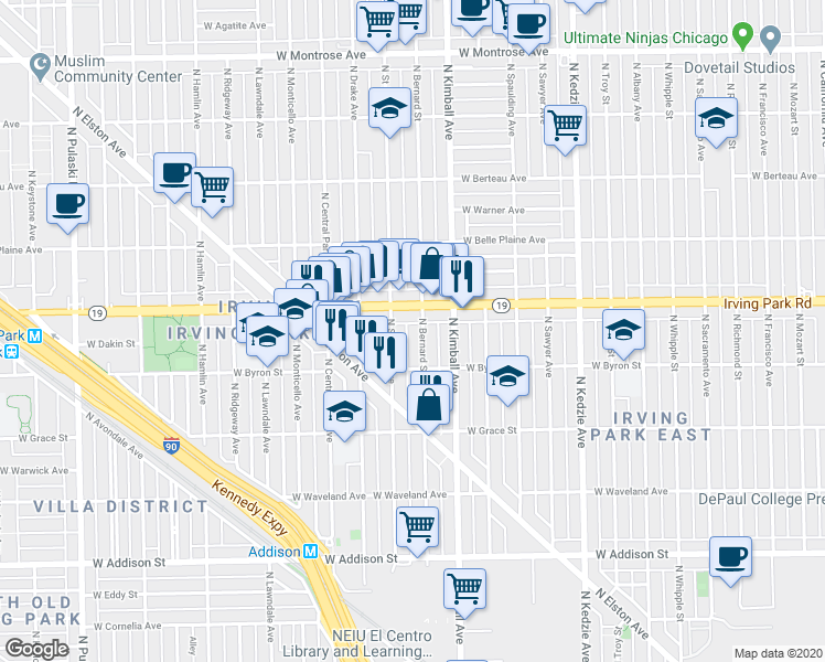 map of restaurants, bars, coffee shops, grocery stores, and more near 3423 Irving Park Road in Chicago