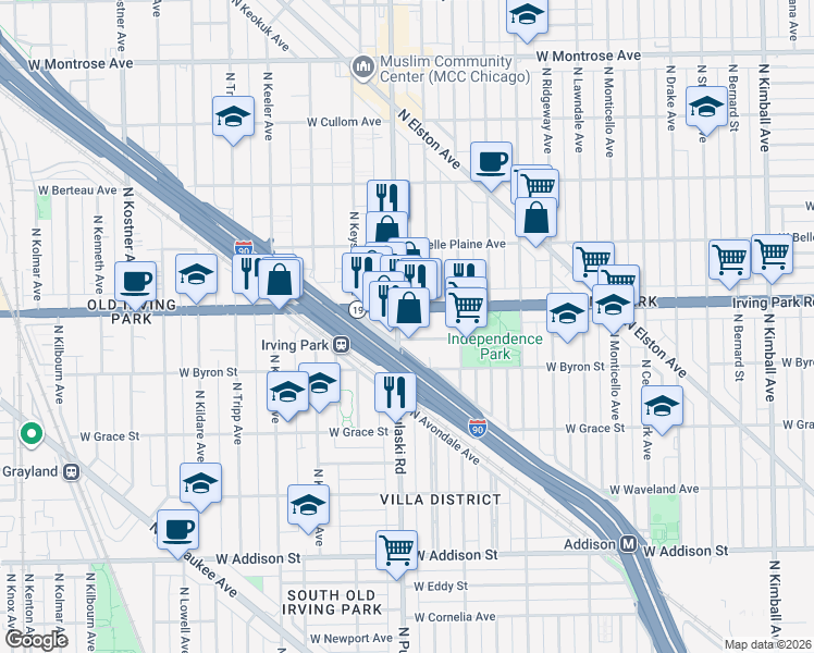 map of restaurants, bars, coffee shops, grocery stores, and more near 3965 Illinois 19 in Chicago