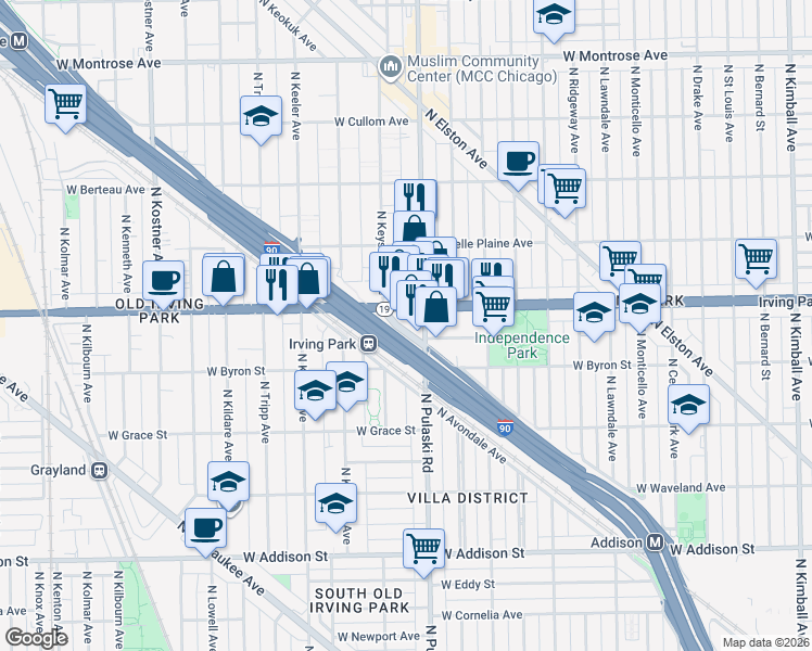 map of restaurants, bars, coffee shops, grocery stores, and more near 4039 Irving Park Road in Chicago