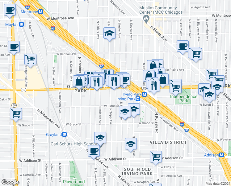 map of restaurants, bars, coffee shops, grocery stores, and more near 4223 Illinois 19 in Chicago