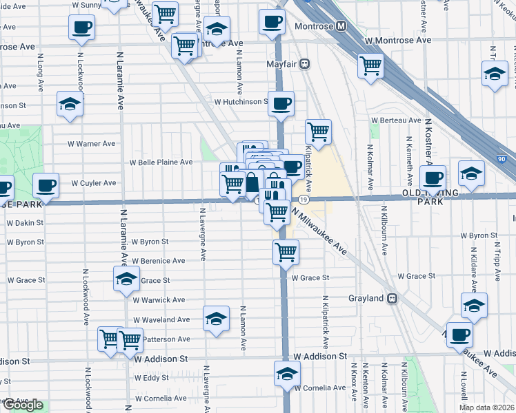 map of restaurants, bars, coffee shops, grocery stores, and more near 4828 Illinois 19 in Chicago