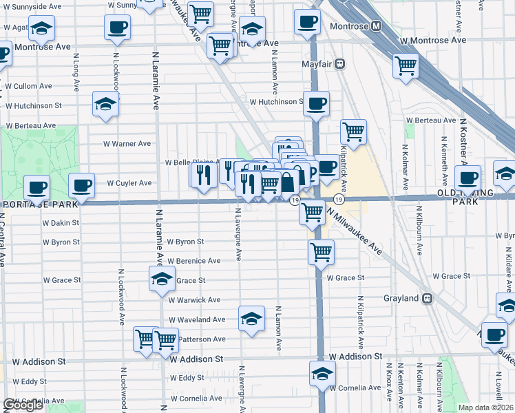 map of restaurants, bars, coffee shops, grocery stores, and more near 4949 West Irving Park Road in Chicago