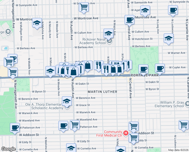 map of restaurants, bars, coffee shops, grocery stores, and more near 5812 Irving Park Road in Chicago