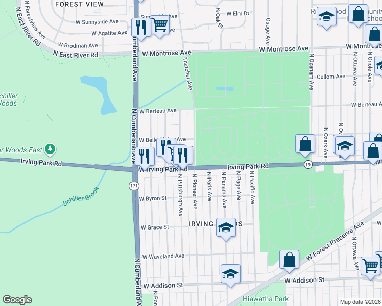 map of restaurants, bars, coffee shops, grocery stores, and more near 4045 North Pittsburgh Avenue in Chicago