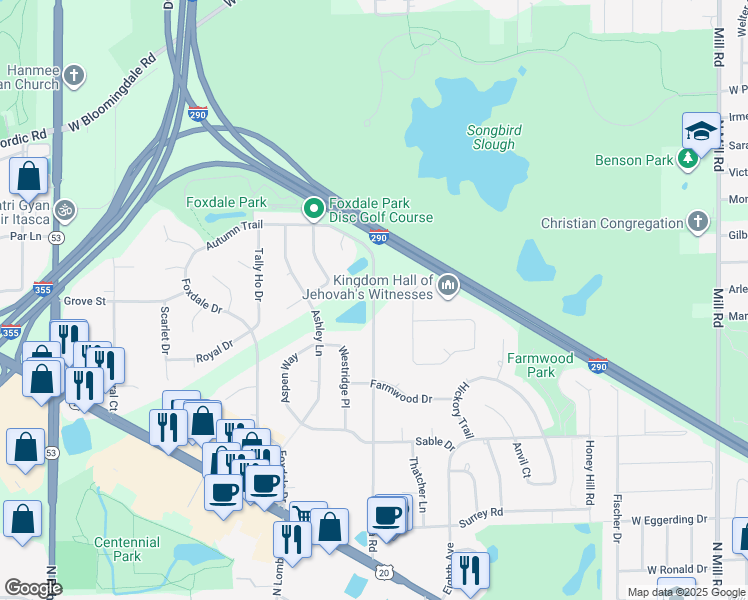 map of restaurants, bars, coffee shops, grocery stores, and more near 1379 Lilac Lane in Addison