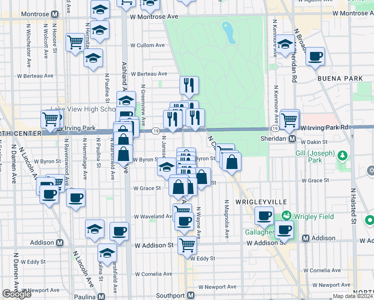 map of restaurants, bars, coffee shops, grocery stores, and more near 3919 North Southport Avenue in Chicago