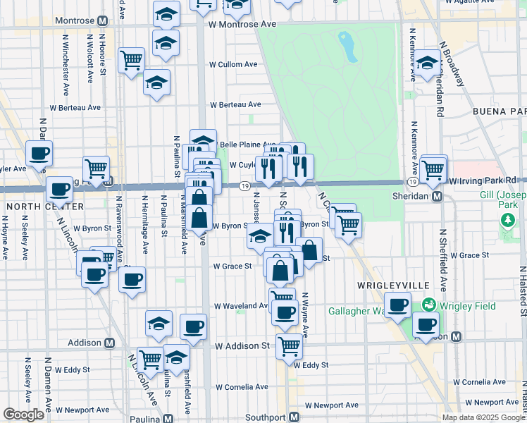 map of restaurants, bars, coffee shops, grocery stores, and more near 3934 North Janssen Avenue in Chicago