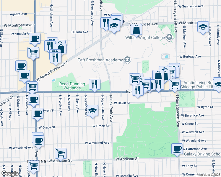 map of restaurants, bars, coffee shops, grocery stores, and more near 4010 North Oak Park Avenue in Chicago