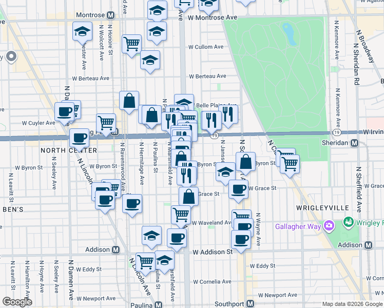 map of restaurants, bars, coffee shops, grocery stores, and more near 3921 North Ashland Avenue in Chicago