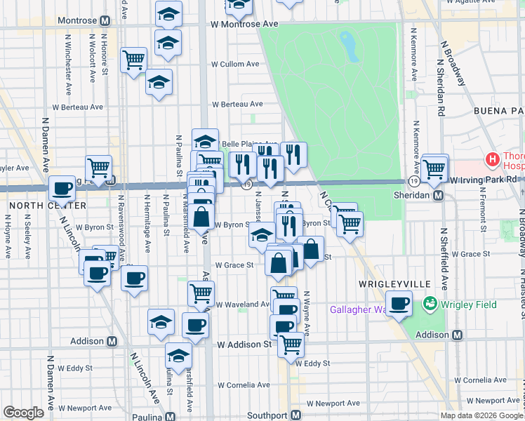map of restaurants, bars, coffee shops, grocery stores, and more near 3919 North Janssen Avenue in Chicago