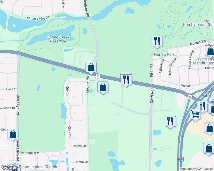 map of restaurants, bars, coffee shops, grocery stores, and more near 2349 Lake Street in Addison