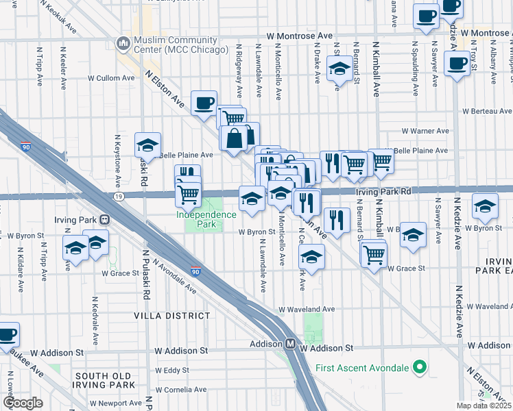 map of restaurants, bars, coffee shops, grocery stores, and more near 3942 North Lawndale Avenue in Chicago