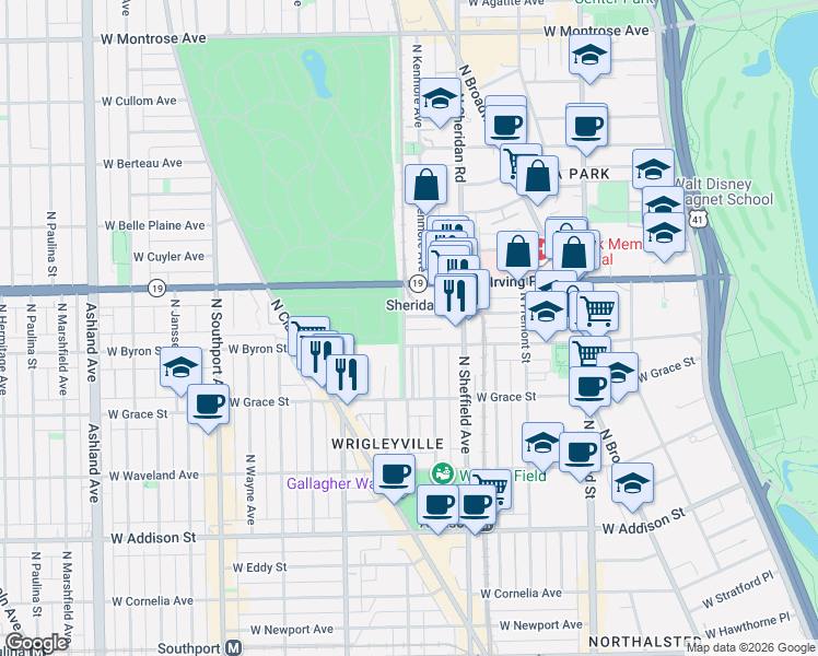 map of restaurants, bars, coffee shops, grocery stores, and more near 1059 West Dakin Street in Chicago