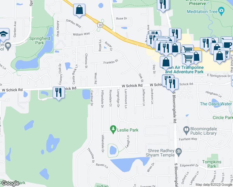 map of restaurants, bars, coffee shops, grocery stores, and more near 148 Longridge Drive in Bloomingdale