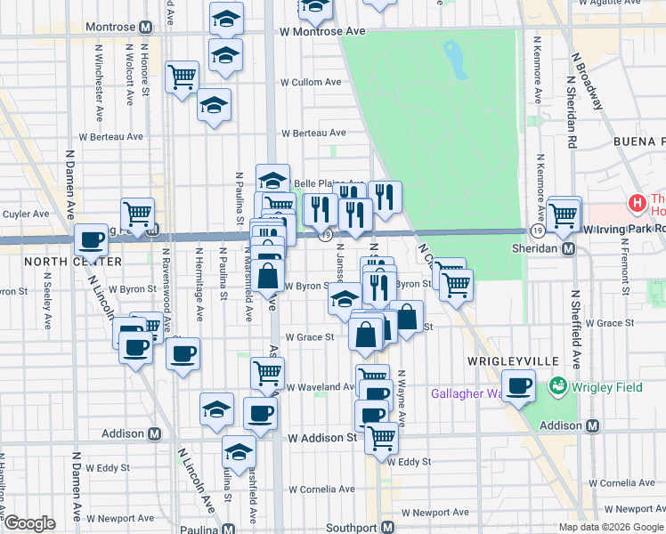 map of restaurants, bars, coffee shops, grocery stores, and more near 3920 North Janssen Avenue in Chicago