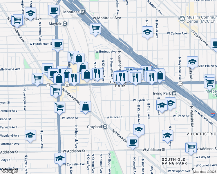 map of restaurants, bars, coffee shops, grocery stores, and more near 4445 West Irving Park Road in Chicago