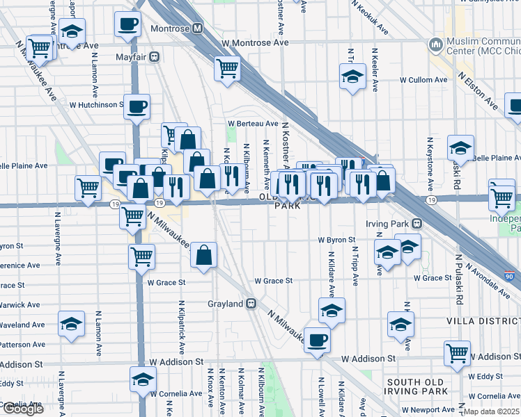 map of restaurants, bars, coffee shops, grocery stores, and more near 4445 West Irving Park Road in Chicago