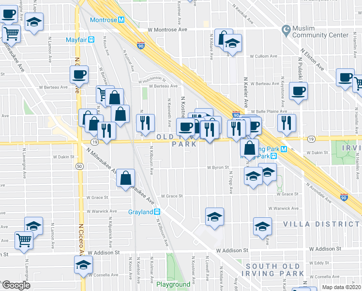 map of restaurants, bars, coffee shops, grocery stores, and more near 4401 Irving Park Road in Chicago