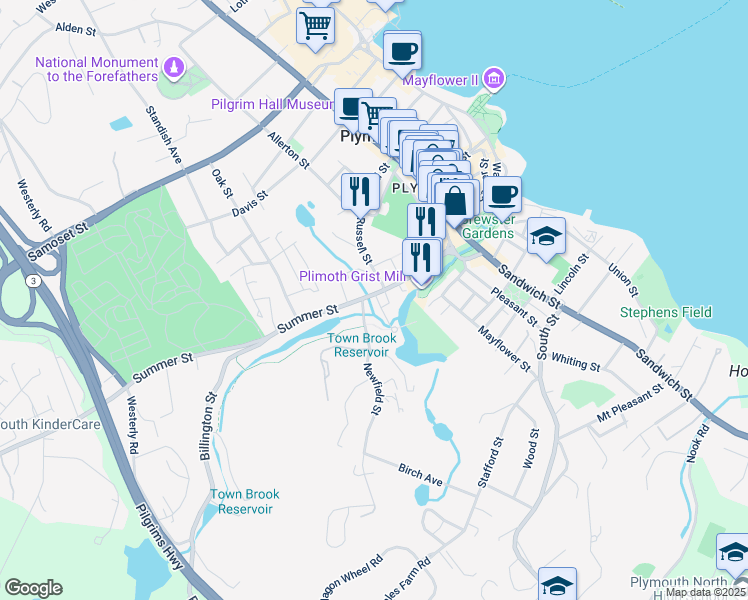 map of restaurants, bars, coffee shops, grocery stores, and more near 35 Edes Street in Plymouth