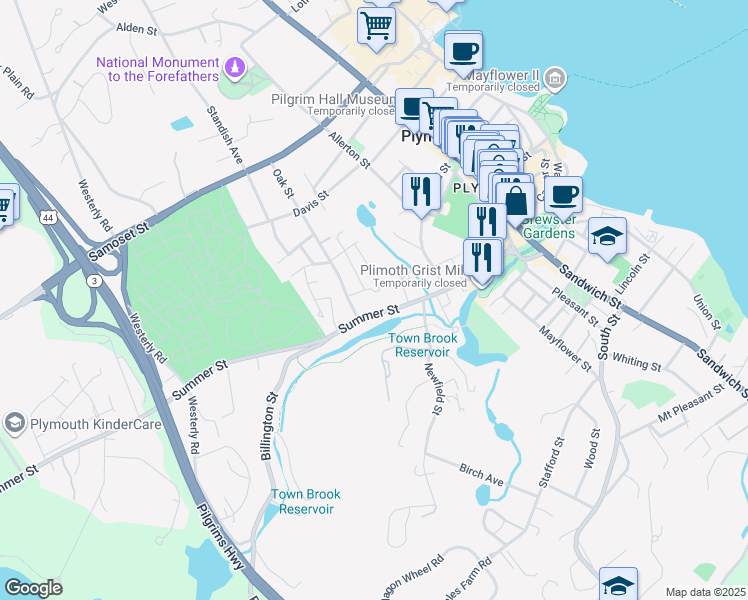 map of restaurants, bars, coffee shops, grocery stores, and more near 115 1/2 Summer Street in Plymouth