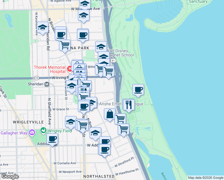 map of restaurants, bars, coffee shops, grocery stores, and more near 3900 North Lake Shore Drive in Chicago