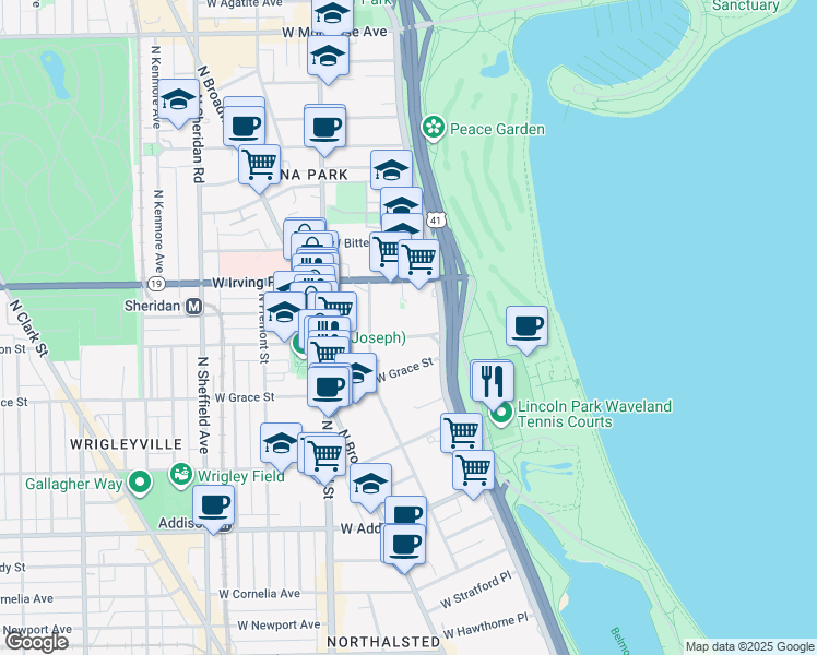 map of restaurants, bars, coffee shops, grocery stores, and more near 638 West Sheridan Road in Chicago