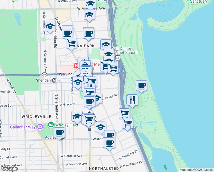 map of restaurants, bars, coffee shops, grocery stores, and more near 638 West Sheridan Road in Chicago