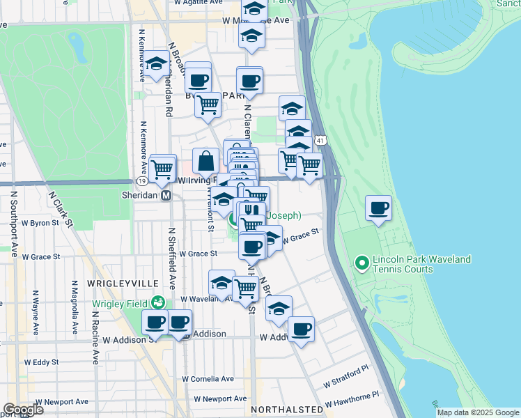 map of restaurants, bars, coffee shops, grocery stores, and more near 3923 North Clarendon Avenue in Chicago