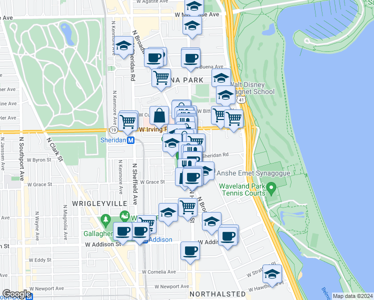map of restaurants, bars, coffee shops, grocery stores, and more near 3923 North Clarendon Avenue in Chicago