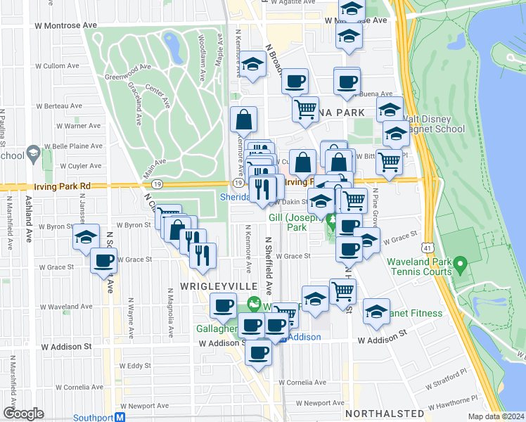 map of restaurants, bars, coffee shops, grocery stores, and more near 1022 West Dakin Street in Chicago