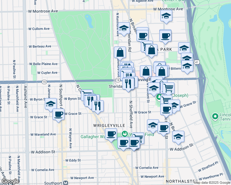 map of restaurants, bars, coffee shops, grocery stores, and more near 1059 West Dakin Street in Chicago