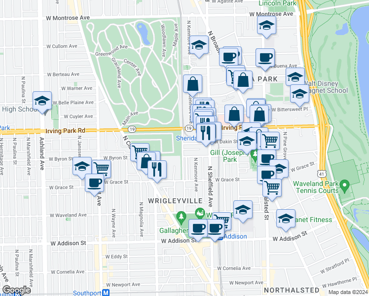 map of restaurants, bars, coffee shops, grocery stores, and more near 1059 West Dakin Street in Chicago