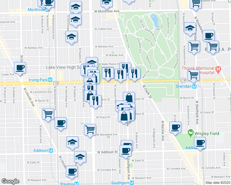 map of restaurants, bars, coffee shops, grocery stores, and more near 3934 North Janssen Avenue in Chicago