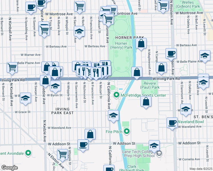 map of restaurants, bars, coffee shops, grocery stores, and more near 2813 Irving Park Road in Chicago