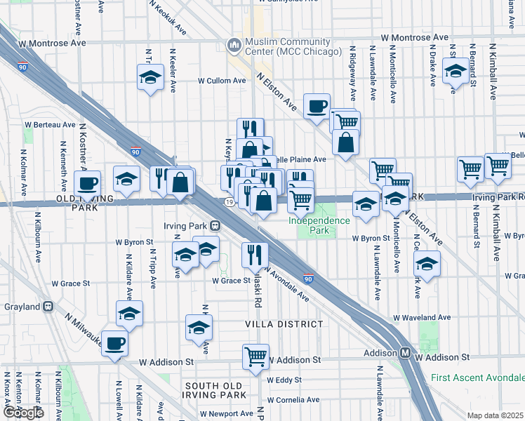 map of restaurants, bars, coffee shops, grocery stores, and more near 3965 Illinois 19 in Chicago