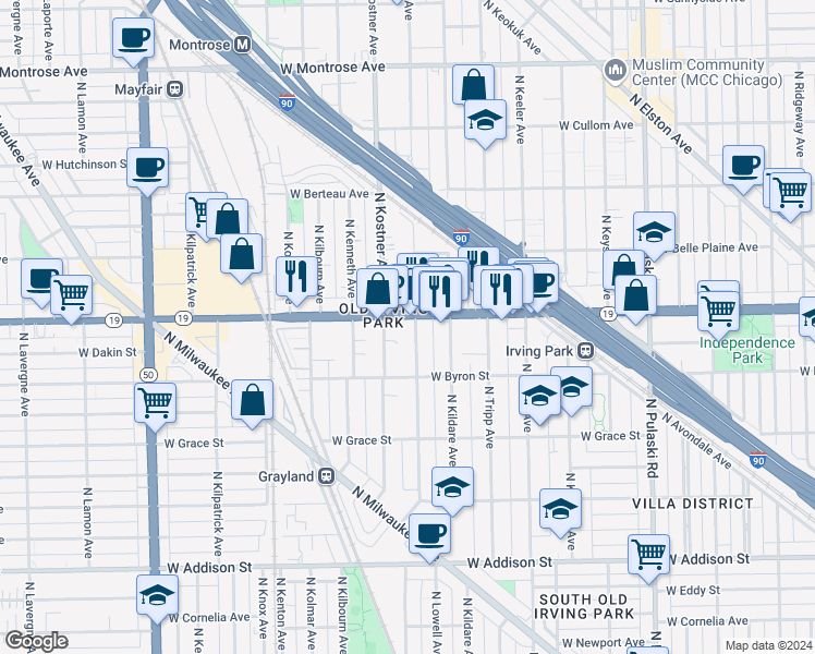 map of restaurants, bars, coffee shops, grocery stores, and more near 4323 Irving Park Road in Chicago