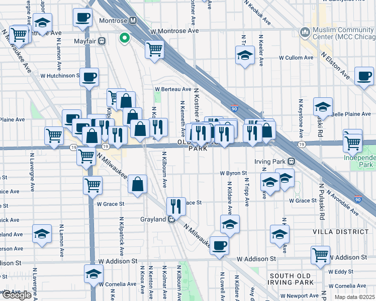 map of restaurants, bars, coffee shops, grocery stores, and more near 4433 Irving Park Road in Chicago