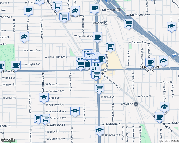 map of restaurants, bars, coffee shops, grocery stores, and more near 4828 Illinois 19 in Chicago