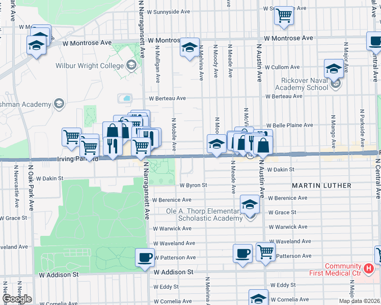 map of restaurants, bars, coffee shops, grocery stores, and more near 6233 West Cuyler Avenue in Chicago